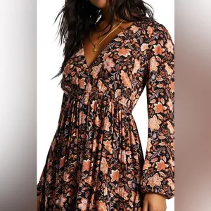 Billabong Sweetest Dream Floral Mini Dress Black Pebble Long Sleeve L thumbnail 2