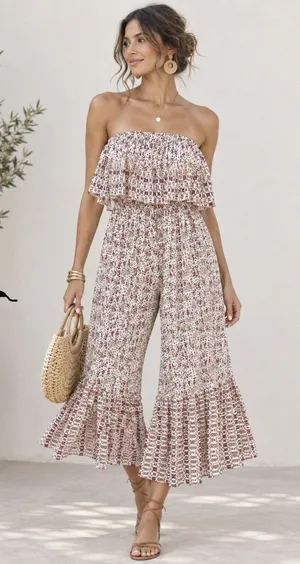 JAPNA Anthropologie Wide Leg Jumpsuit Romper Strapless Ruffle smocked small thumbnail 1