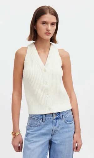 Madewell Cutaway Bright Ivory Knit V Neck‎ Cotton Blend Sweater Vest thumbnail 1