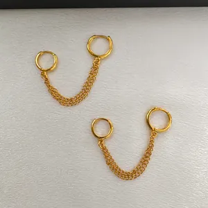 Double Piercing Dangle Chain Earrings for Women Gold thumbnail 1