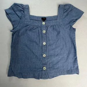 J.Crew Womens Blue Cotton Chambray Square Neck Button Front Flutter Sleeve Top S thumbnail 1
