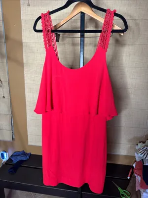 Maeve Anthropologie Tisana Crochet Strap Ruffle Mini Dress Red Size 12 thumbnail 3