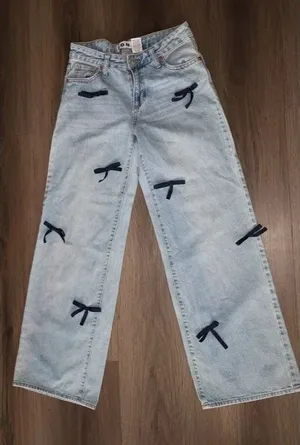 S.O.N.G. Bow Ribbon Light Wash Wide Leg Jeans Sz 1 25 Coquette Y2K thumbnail 1