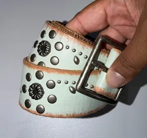Linea Pelle Genuine Leather‎ Belt Size L Studded Rhinestones Sea Green Y2K Hobo thumbnail 1