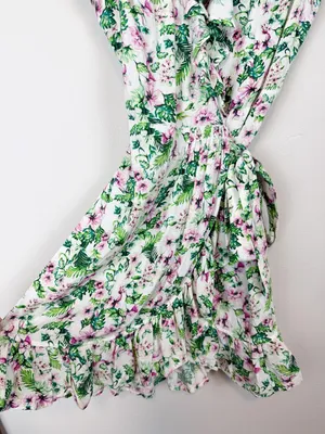 Juicy Couture Allover‎ Floral Wrap Dress Ruffle White Green Pink Size 0 thumbnail 6