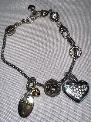 Brighton Vintage Two Tone Faith & Love Charm Bracelet | Pave Heart & Cross thumbnail 1