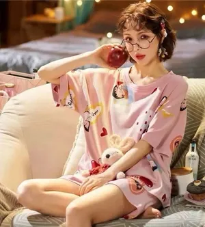 Women's Pajama Set Size S – Cute Summer T-shirt‎ and Shorts Sleepwear Lounge new thumbnail 1