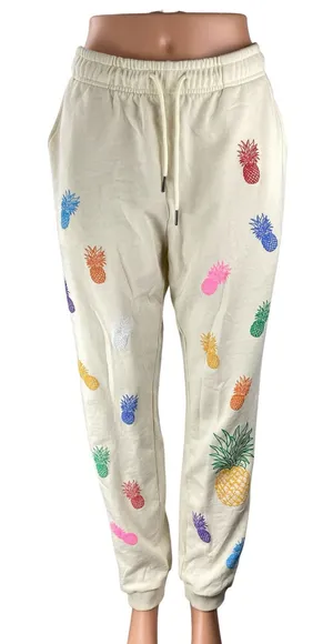 Spiezle Women's Cream Pineapple Rainbow High Rise Jogger Sweat Pants Size M thumbnail 1