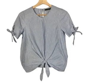 Zara Blue & White Stripe Tie Front‎ Short Sleeve Blouse M thumbnail 1