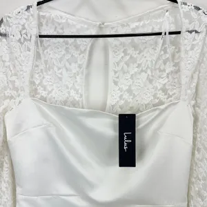 Lulus Prettiest Behavior White Satin Lace Long Sleeve Mini Dress Medium NWT thumbnail 7