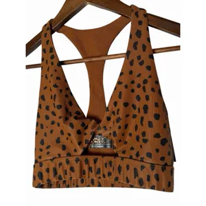 Beach Riot Twist Front Spotted Sports Bra Brown Black Ribbed Animal Print XS thumbnail 6