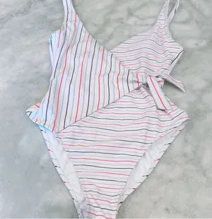 Red White Blue Striped Faux Wrap One Piece Swimsuit thumbnail 3