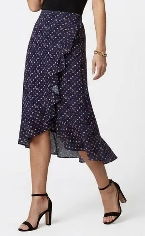 Loft Midi Skirt Large Floral Ruffle Navy Blue Fall Winter Whimsigoth Resort Boho thumbnail 1