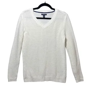 Tommy Hilfiger White V-Neck Cotton Knit Sweater‎ Womens Large Textured Pullover thumbnail 1