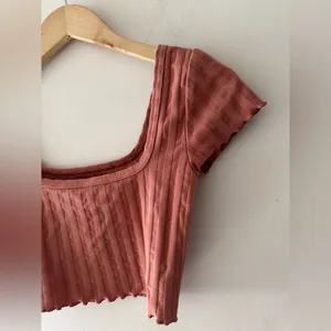 Aerie Offline Salmon Pink Ribbed Square Neck‎ Crop Top Lettuce Hem thumbnail 2