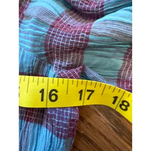 Free‎ People Turquoise Burgundy Plaid Smocked Off Shoulder Peplum Top XS thumbnail 3