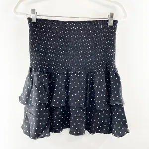 Aritzia Sunday Best Smocked Tiered Ruffle Polka Dot Mini Skirt Black Medium thumbnail 3