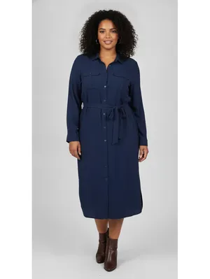 SHEIN Shirt Dress Womens Small Navy Blue Belted Long Sleeve Midi Wrap Style thumbnail 6