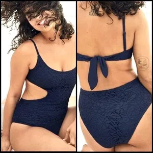 Aerie Navy Blue Medium Crochet Lace Cut Out One Piece Swimsuit Monokini EUC Swim thumbnail 2