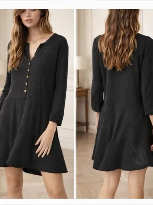 Free People Beach Blossom Black Ribbed Button Front Boho Mini‎ Dress size xs thumbnail 2