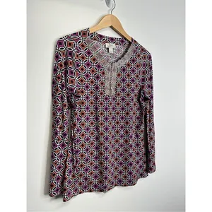 Ann Taylor Loft Beaded Geometric Print Top Purple‎ Orange Long Sleeve Blouse M thumbnail 5