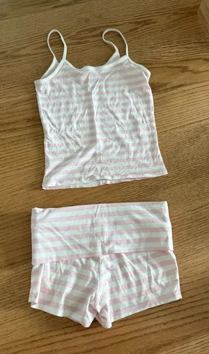 Frankie's Bikinis Striped Pink & White Women's Sleep Tank and Short Set thumbnail 1