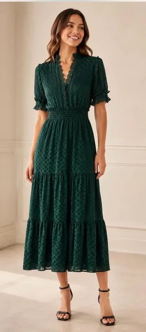 Max Studio Emerald Green Jacquard Lace Trim Tiered Midi Dress thumbnail 1