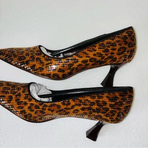 Brown Leopard Print Sequins Heels with Sculptural Curved Heel thumbnail 7