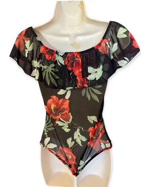 Pretty Little Floral Red Roses Black Sheer Bodysuit Ruffle cold shoulder women M thumbnail 3