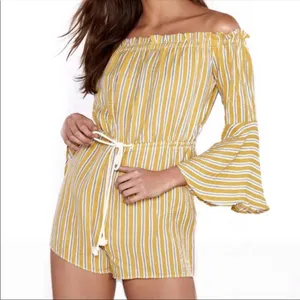 Nasty Gal Yellow Gray Striped Romper Playsuit Bell Sleeves Size 2 XS thumbnail 2