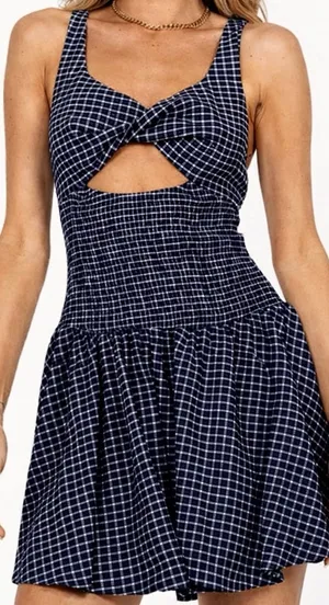 Princess Polly Navy Gingham Cutout Dress thumbnail 1
