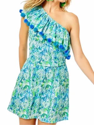 Lilly Pulitzer - Idara One-Shoulder Pom Pom Romper Blue Green Sz M thumbnail 1