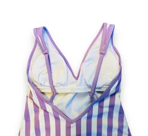 Kona Sol Purple and White Striped One Piece Swimsuit Size L Stretchy V Cut thumbnail 4