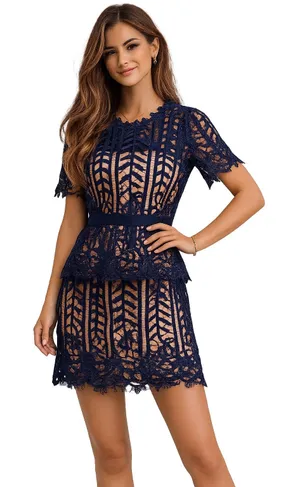Aqua Dresses Navy Lace Peplum Mini Dress XS Short Sleeve Sheer Overlay thumbnail 1