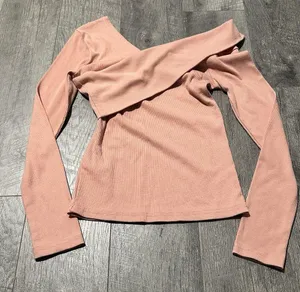 Off Shoulder Sweater Salmon Pink small top comfy asymmetrical design fold over thumbnail 1
