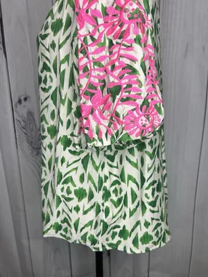 VOY Green White Abstract Print Top Pink Floral Embroidered Puff Sleeves Sz L thumbnail 6