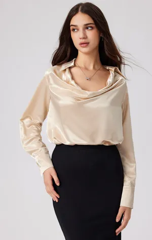 Commense Elegant Satin Old Money Pleated Long Sleeve Blouse Champagne Small thumbnail 1