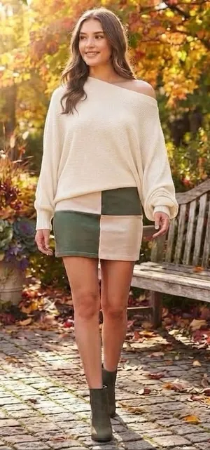 Altar'd State Two-Tone Patchwork Mini Skirt in Cream and Olive thumbnail 1