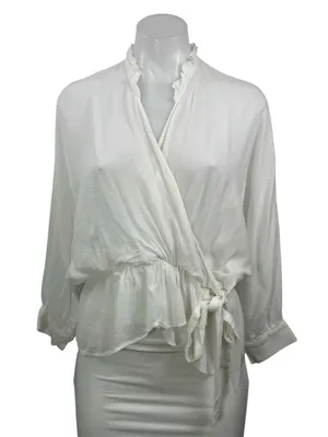 Zara Women's White Long Sleeve Ruffle V Neck Tie Peplum Wrap Blouse Top Size S thumbnail 1