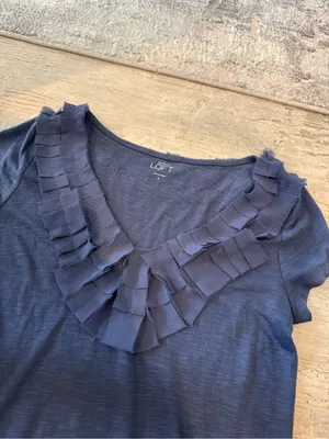 LOFT Navy Blue Ruffle V-Neck Sleeve Top Size Small thumbnail 2