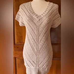 STUNNING Short Sleeve Sweater Dress Tan With Speckles of Pink, Teal & Gold thumbnail 2
