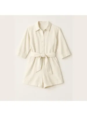 Free Assembly cream linen blend shorts romper jumpsuit belt button front Sz S thumbnail 2