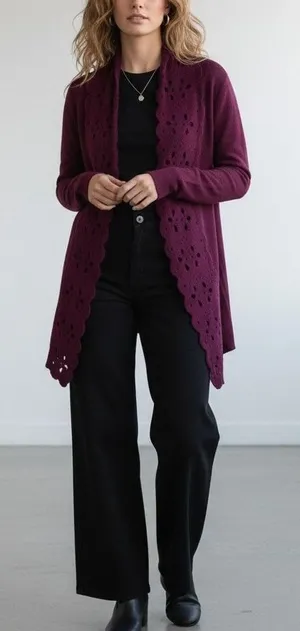 Sleeping On Snow Anthropologie XS Plum‎ Purple Scalloped Laser Cut Cardigan Knit thumbnail 1