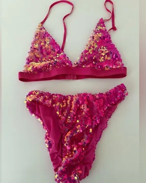 Dolls Kill Pixie Playroom Pink Iridescent Sequin Bikini Set thumbnail 3