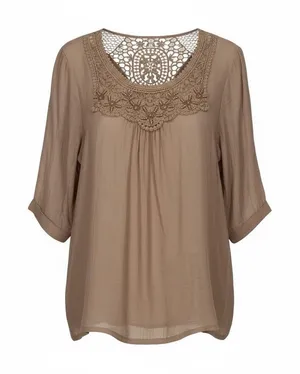 MAD STYLE Womens Boho Blouse Large Brown Crochet Lace Sheer Peasant Top Festival thumbnail 1