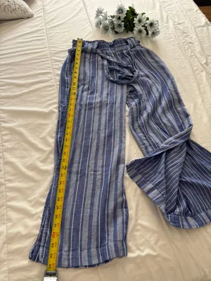 Pull-On Wide Leg Minimalist ResortWear Striped Blue White 100% Cotton Pants Sz S thumbnail 5