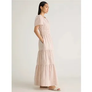 Quince 100% Organic Cotton Poplin Tiered Maxi Dress Terracotta Stripe Small thumbnail 2