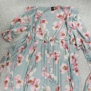 Express Wrap Dress Womens S/M Green Floral Watercolor Sheer Tiered Long Maxi thumbnail 15