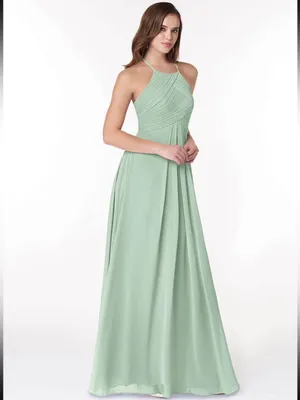 Azazie Ginger Agave A-Line Halter Pleated Chiffon Dress Size XS thumbnail 3