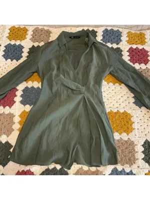 Zara Sage Green Womans L Summer mini dress v-neck long sleeves draped crossover thumbnail 3